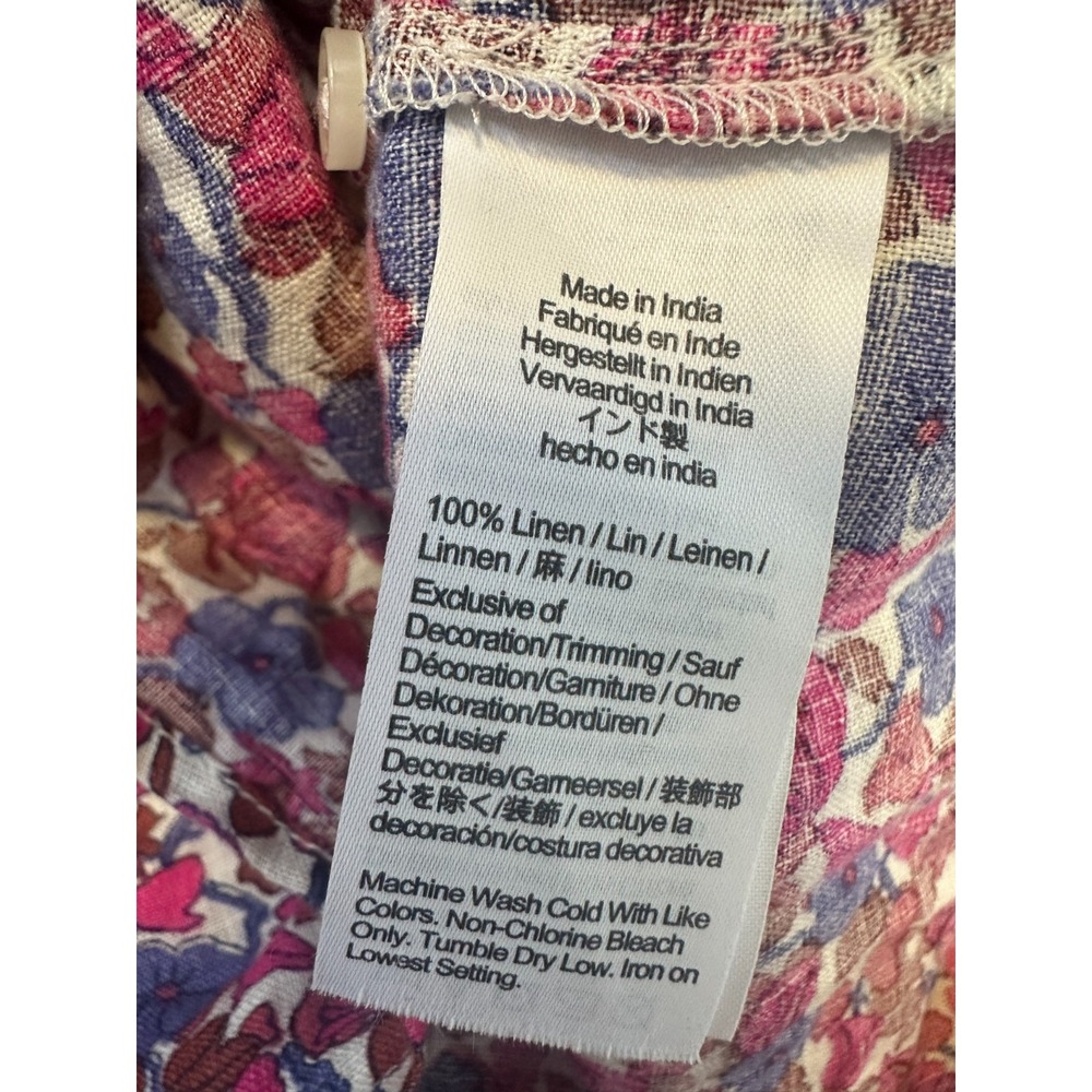 J.Crew Smocked 100% Linen Puff-Sleeve Top in Berry Floral High Neck Blouse XS - Picture 7 of 12